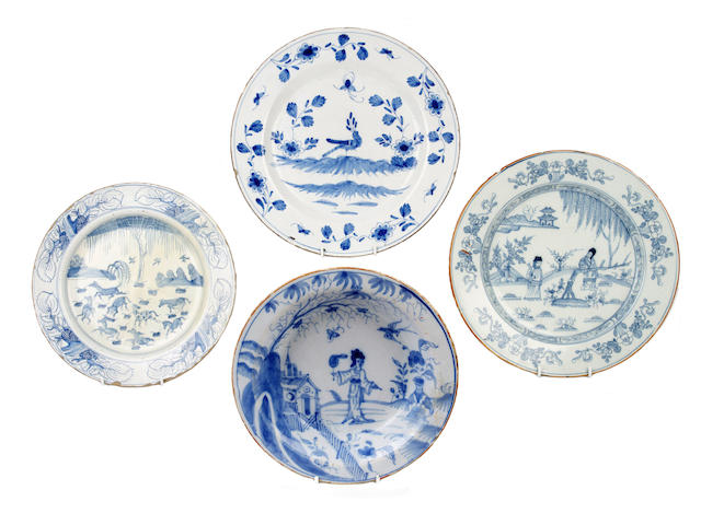 Appraisal: An English delftware soup plate and three large plates circa