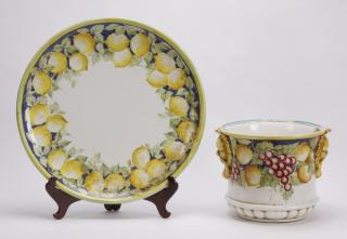 Appraisal: Italian hand painted platter and cache pot Grouping of two