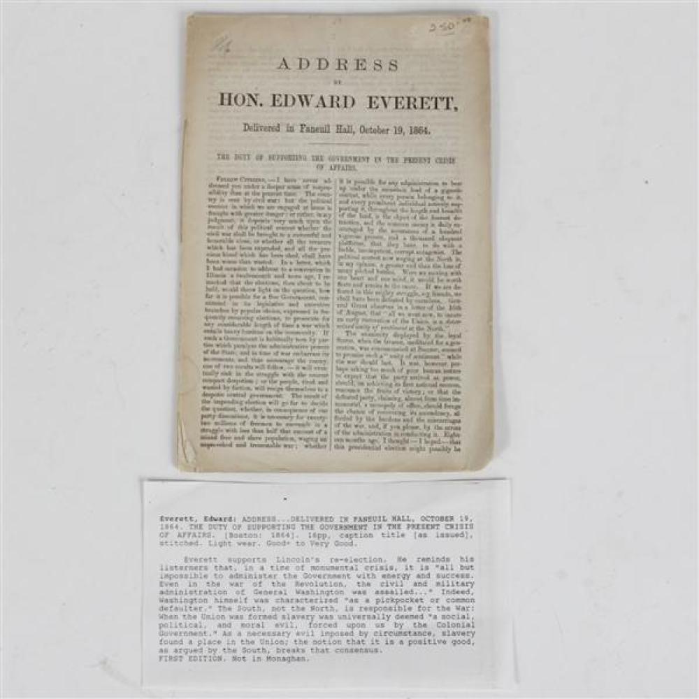 Appraisal: ADDRESS BY HON EDWARD EVERETT FIRST EDITION BOSTON IN SUPPORT