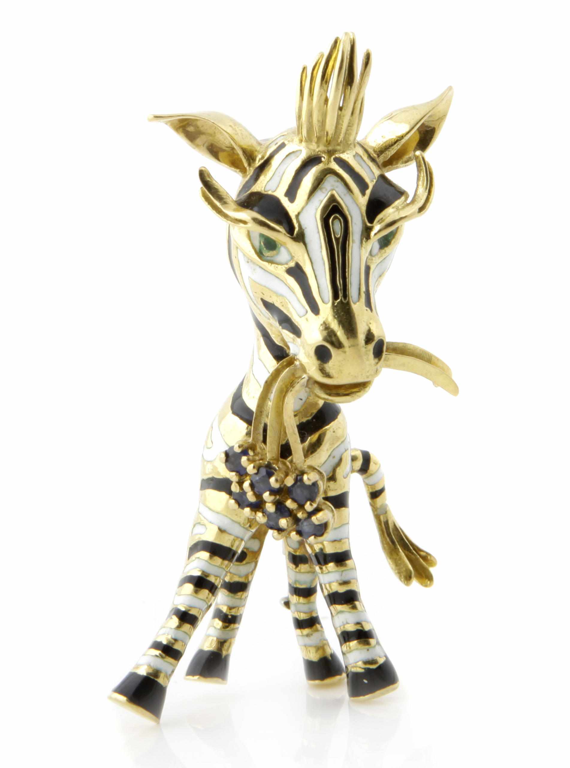 Appraisal: An enamel sapphire and gold zebra brooch dimensions x in