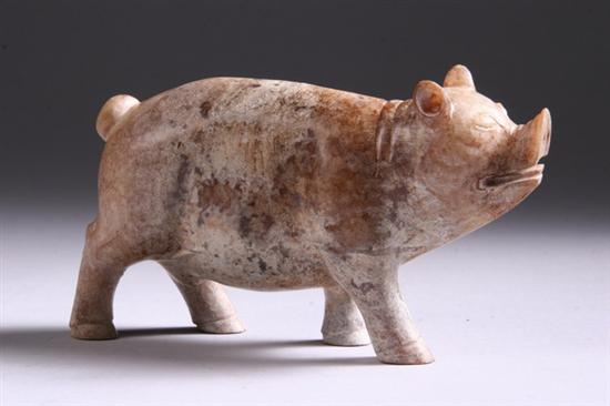 Appraisal: CHINESE CALCIFIED JADE FIGURE OF PIG Han Dynasty or later