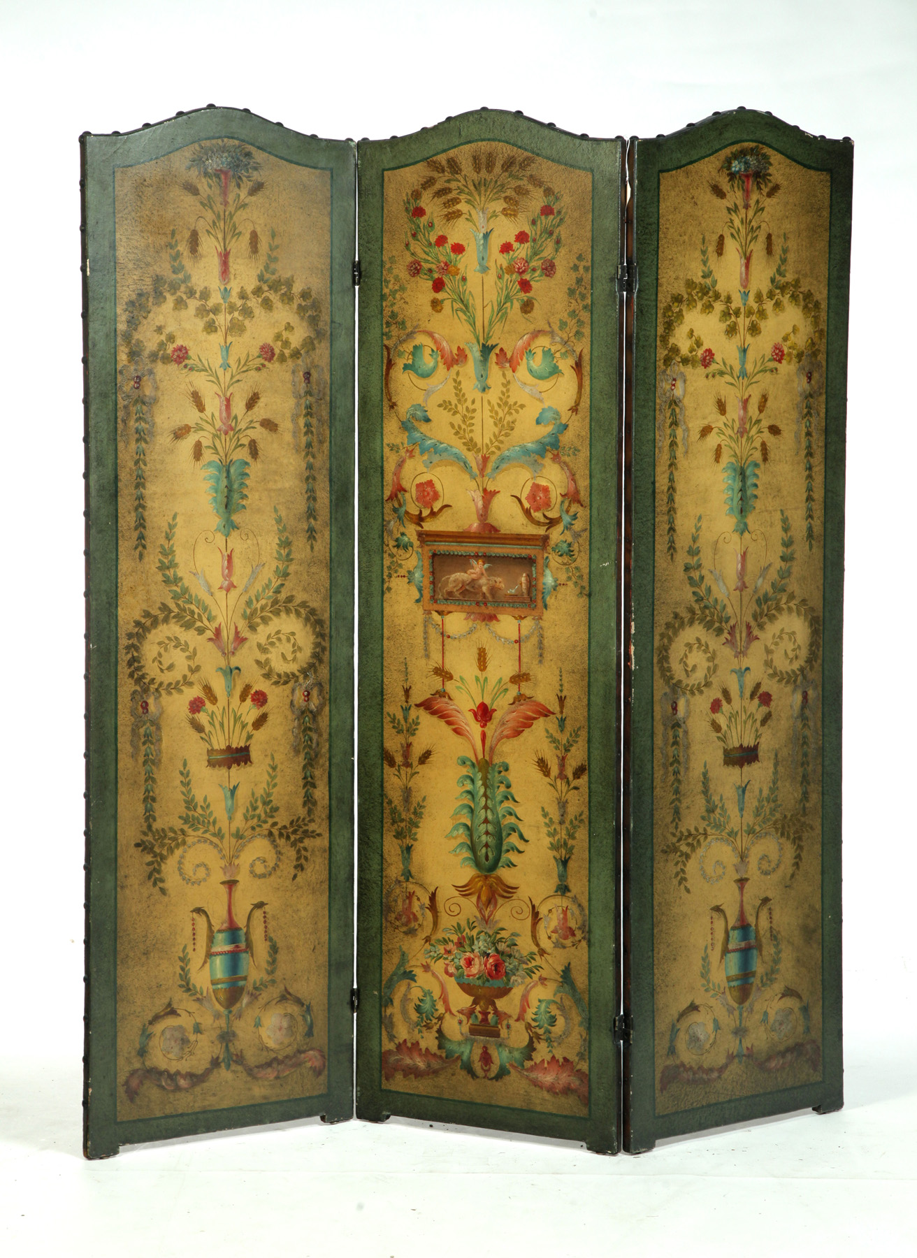 Appraisal: FRENCH DECORATED SCREEN Twentieth century leather Three-part screen with floral