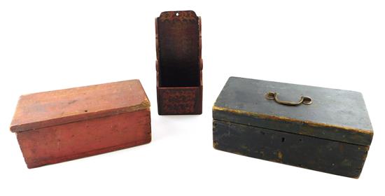 Appraisal: Three American painted boxes grain painted candle box burgundy ground