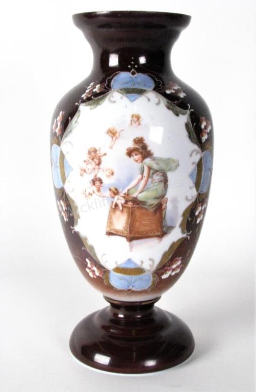 Appraisal: Hand Enameled Footed Glass Vase brown vase with child and