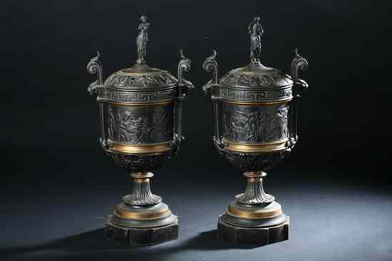 Appraisal: PAIR FRENCH EMPIRE-STYLE BRONZE URNS AND COVERS late th century