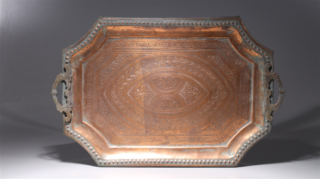 Appraisal: Antique Indian bronze metal tray with intricately incised designs to