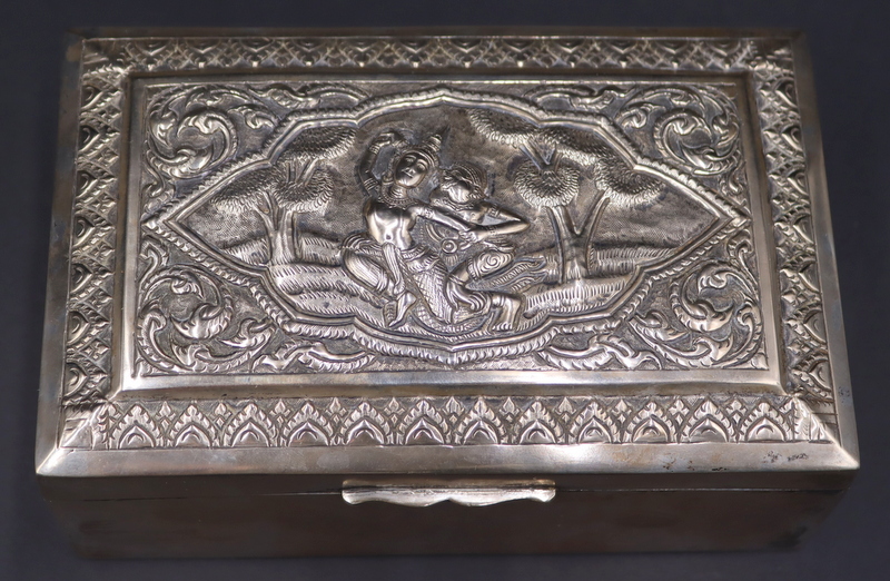 Appraisal: SILVER Signed Asian Hinged Box with Figures Signed Asian silver