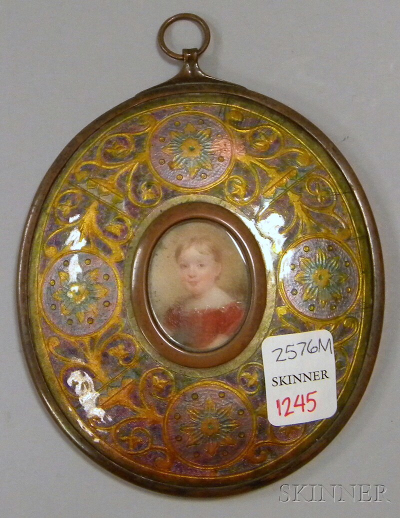 Appraisal: th Century Oval Enamel-on-Copper Framed Miniature Hand-painted Portrait of a