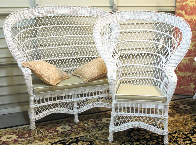 Appraisal: WHITE WICKER CHAIR AND SETTEE SET American th century the