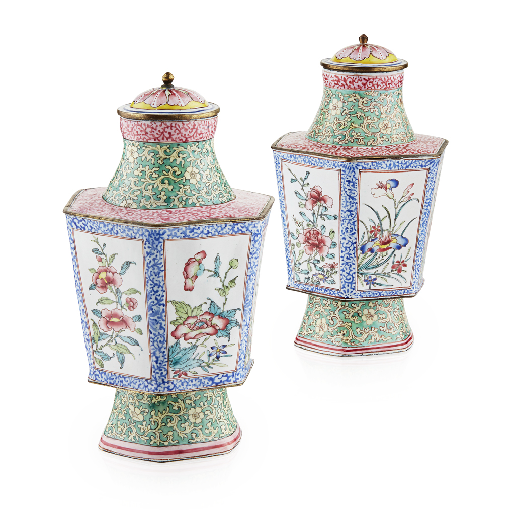 Appraisal: FINE PAIR OF CANTON ENAMEL TEA CADDIES AND COVERS QING