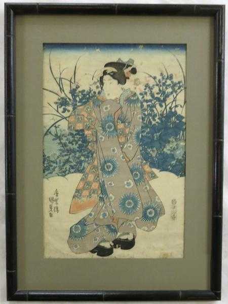 Appraisal: UTAGAWA KUNISADA WOODCUT Japan - Woman in the snow Image