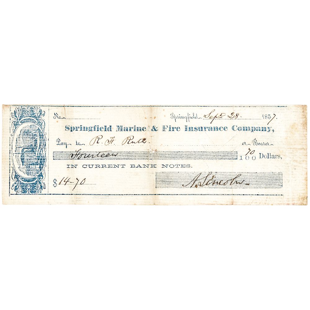 Appraisal: Rare ABRAHAM LINCOLN Signed Personal Check Payable In Current Bank