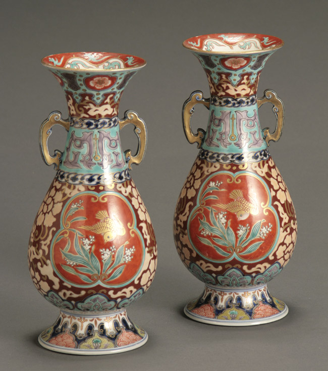 Appraisal: Pair of Fukagawa Polychrome and Gilt Vases Each Signed Fukagawa