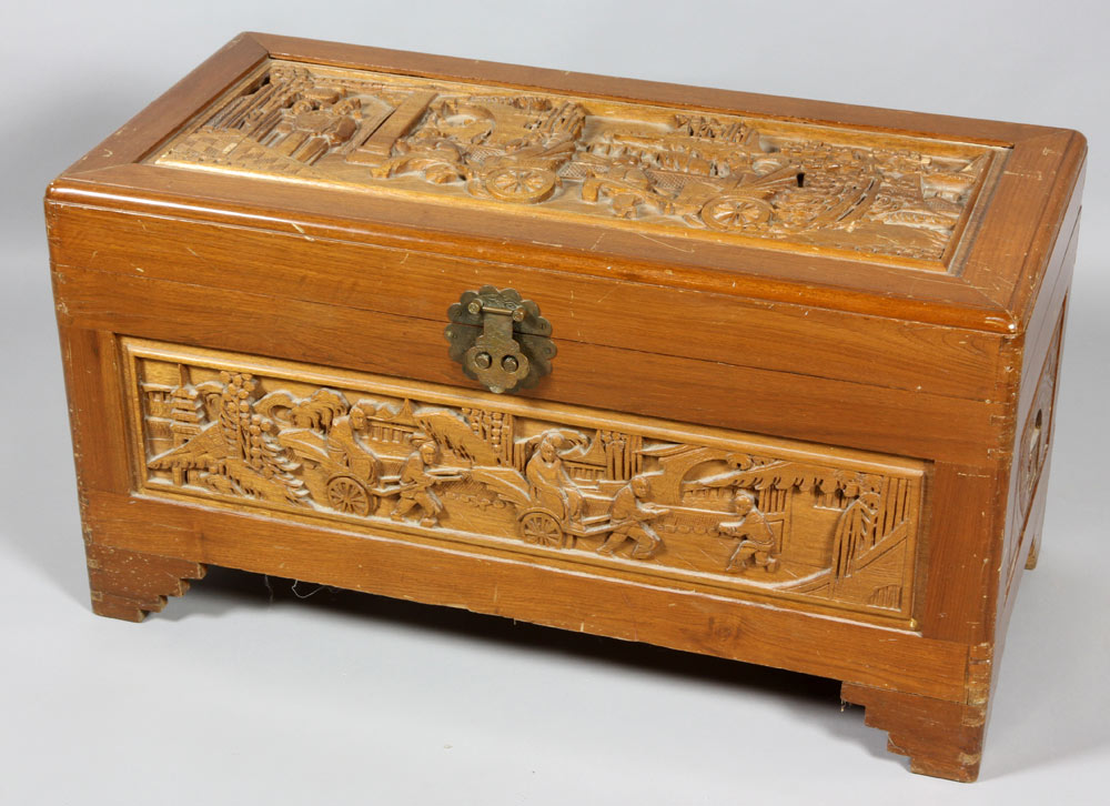 Appraisal: - th C Carved Wood Chest Oak and teak chest