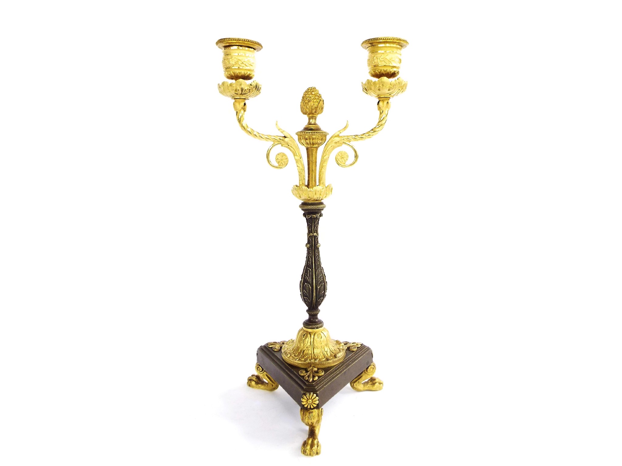 Appraisal: Attractive French ormolu twin branched candlestick with acorn finial barleytwist