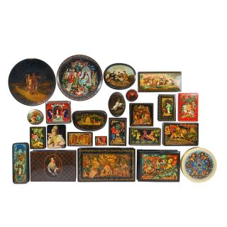 Appraisal: RUSSIAN LACQUER GROUPING Twenty-five Two plates including one porcelain decorated