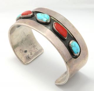 Appraisal: CORAL AND TURQUOISE STERLING NAVAJO CUFF BRACELET Unsigned width measures