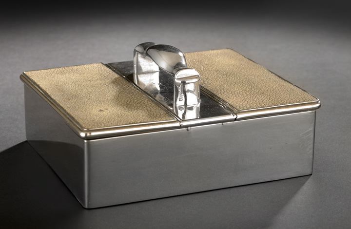 Appraisal: English Art Deco Sterling Silver and Shagreen Treasury-Style Tobacco Box