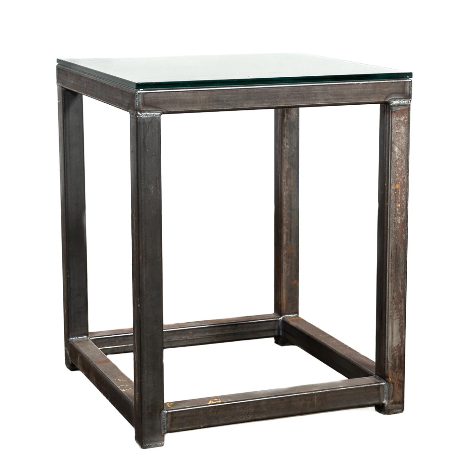 Appraisal: INDUSTRIAL MODERN STEEL GLASS SQUARE SIDE TABLE Mid Century Modern