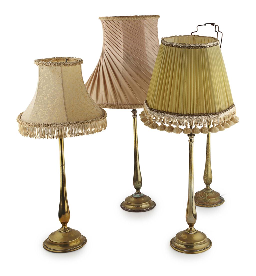 Appraisal: THREE BRASS ADJUSTABLE BALUSTER TABLE LAMPS and ANOTHER THREE non