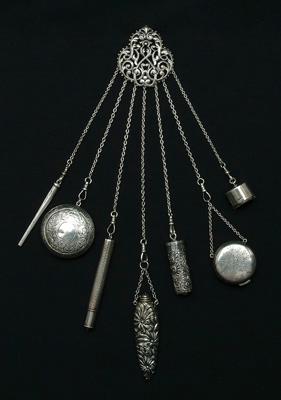 Appraisal: Sterling chatelaine Gorham clip with scroll decoration seven implements six