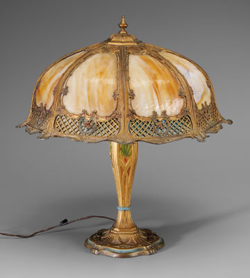 Appraisal: Tiffany Style Stained Glass Lamp American early th century gilt