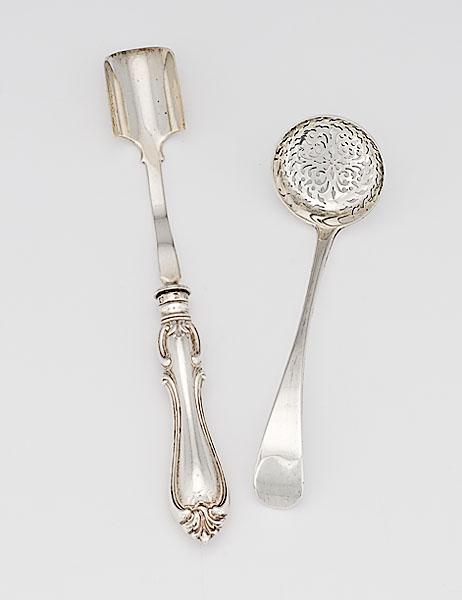 Appraisal: ENGLISH SILVER SUGAR SIFTER CHEESE SCOOP ca Includes a pierced