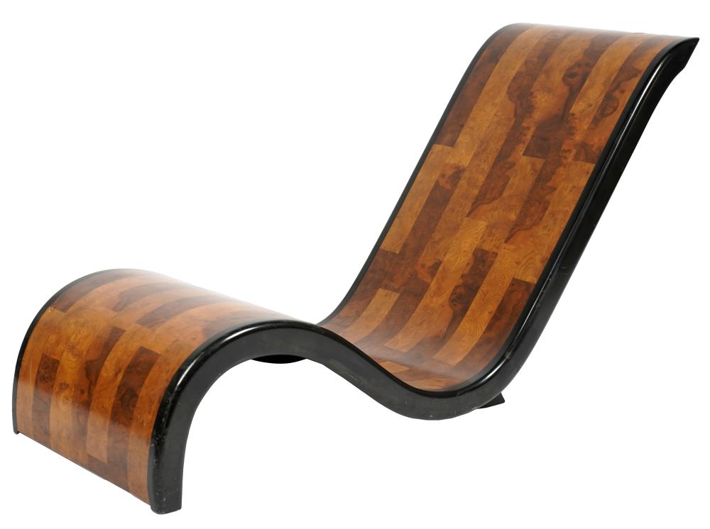 Appraisal: MODERNIST CHAISE LOUNGEburl veneer and ebonized wood unsigned inches wide