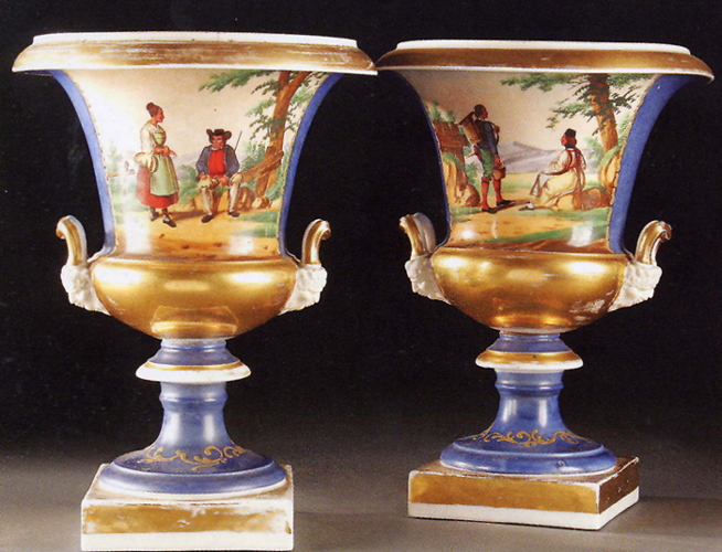 Appraisal: A PAIR OF OLD PARIS HAND PAINTED URNS early thcentury