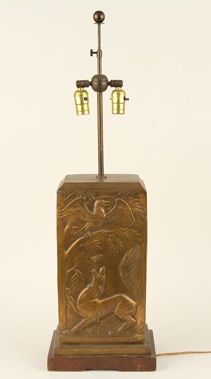 Appraisal: THOMAS LOMEDICO ART DECO BRONZE TWO LIGHT LAMP Thomas LoMedico