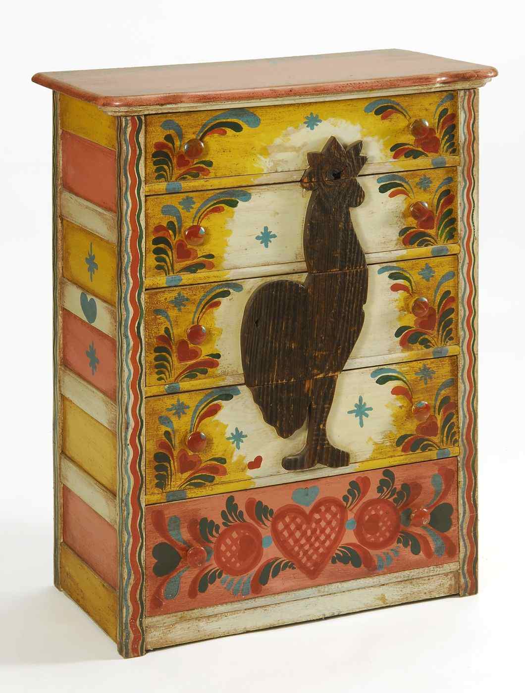 Appraisal: PETER HUNT FIVE-DRAWER DECORATED CHESTApplied silhouette of a rooster to