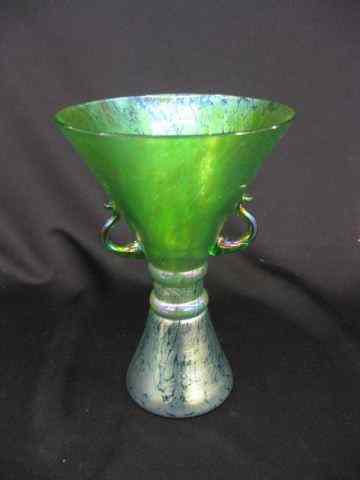 Appraisal: Loetz Art Glass Vase iridescent green handled hour glass form