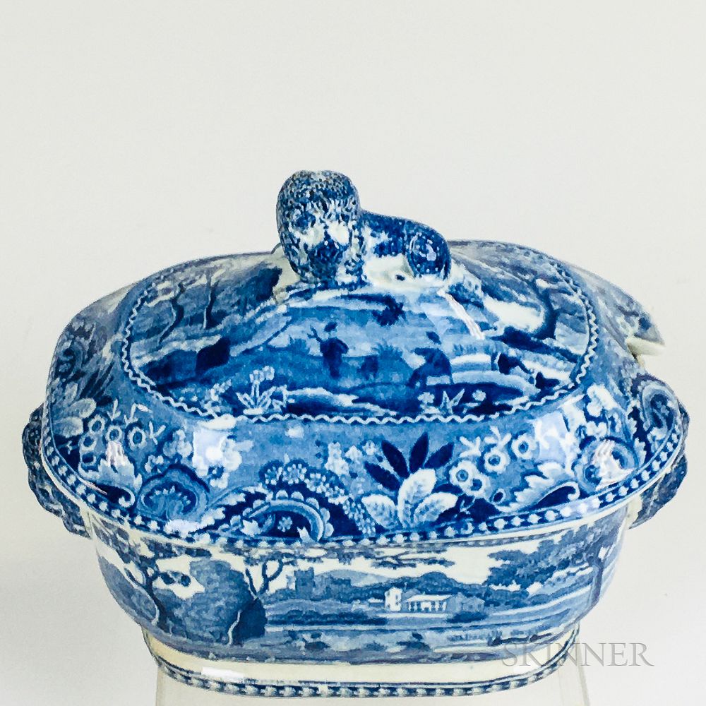 Appraisal: Small Staffordshire Blue Transfer-decorated Covered Tureen Small Staffordshire Blue Transfer-decorated