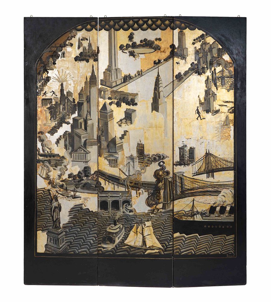 Appraisal: An Art Deco Style Black and Gilt Painted Three-Panel Screen