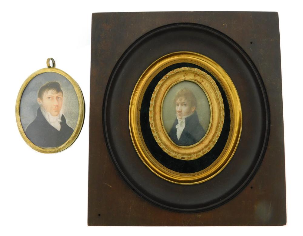 Appraisal: MINIATURES Two gentlemen on oval supports one in locket with