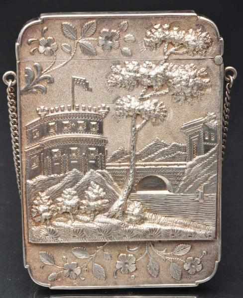 Appraisal: Victorian Calling Card Case with Chain Sterling silver Embossed castle