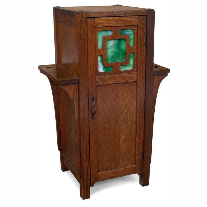 Appraisal: Arts Crafts smoking cabinet single door with cut-out design over