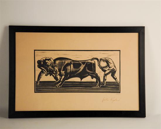 Appraisal: Gustav Vigeland Norway - Two Men and a Bull Woodcut