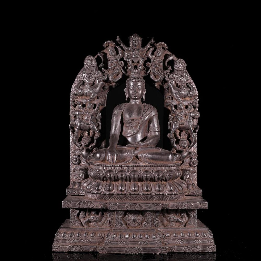 Appraisal: CHINESE CARVED BLACK HARDSTONE SAKYAMUNI BUDDHA Chinese carved black hard