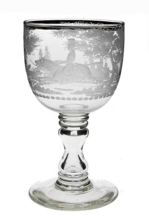 Appraisal: A VICTORIAN ORNAMENTAL GLASS GOBLET the urnular bowl engraved with