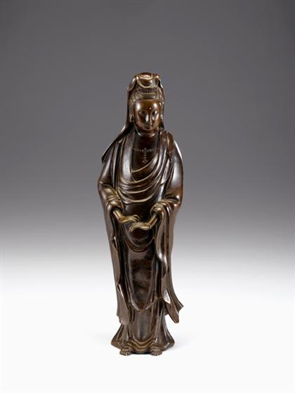 Appraisal: Good Chinese silver inlaid bronze Quanyin figure inlaid yutang shisou