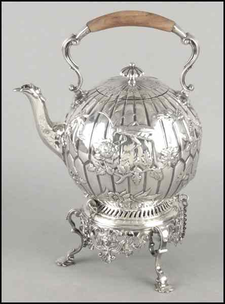 Appraisal: ENGLISH SILVERPLATE HOT WATER KETTLE ON STAND Bearing hallmarks of