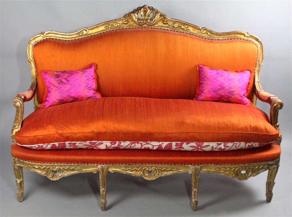 Appraisal: ECLECTIC LOUIS XV STYLE TANGERINE RAW SILK AND GILT WOOD