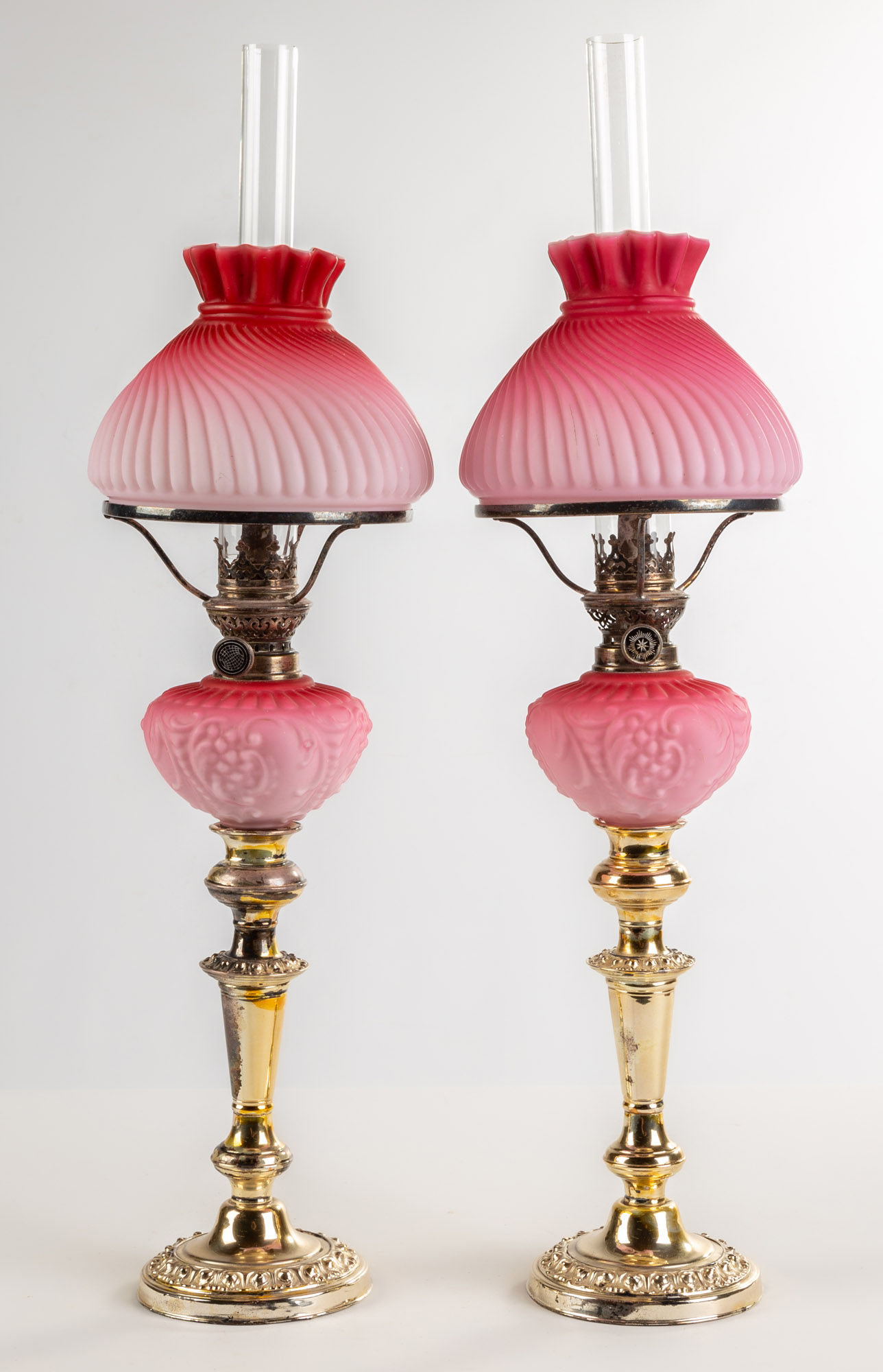 Appraisal: TH CENTURY PINK SATIN PEG LAMPS th Century Pink Satin