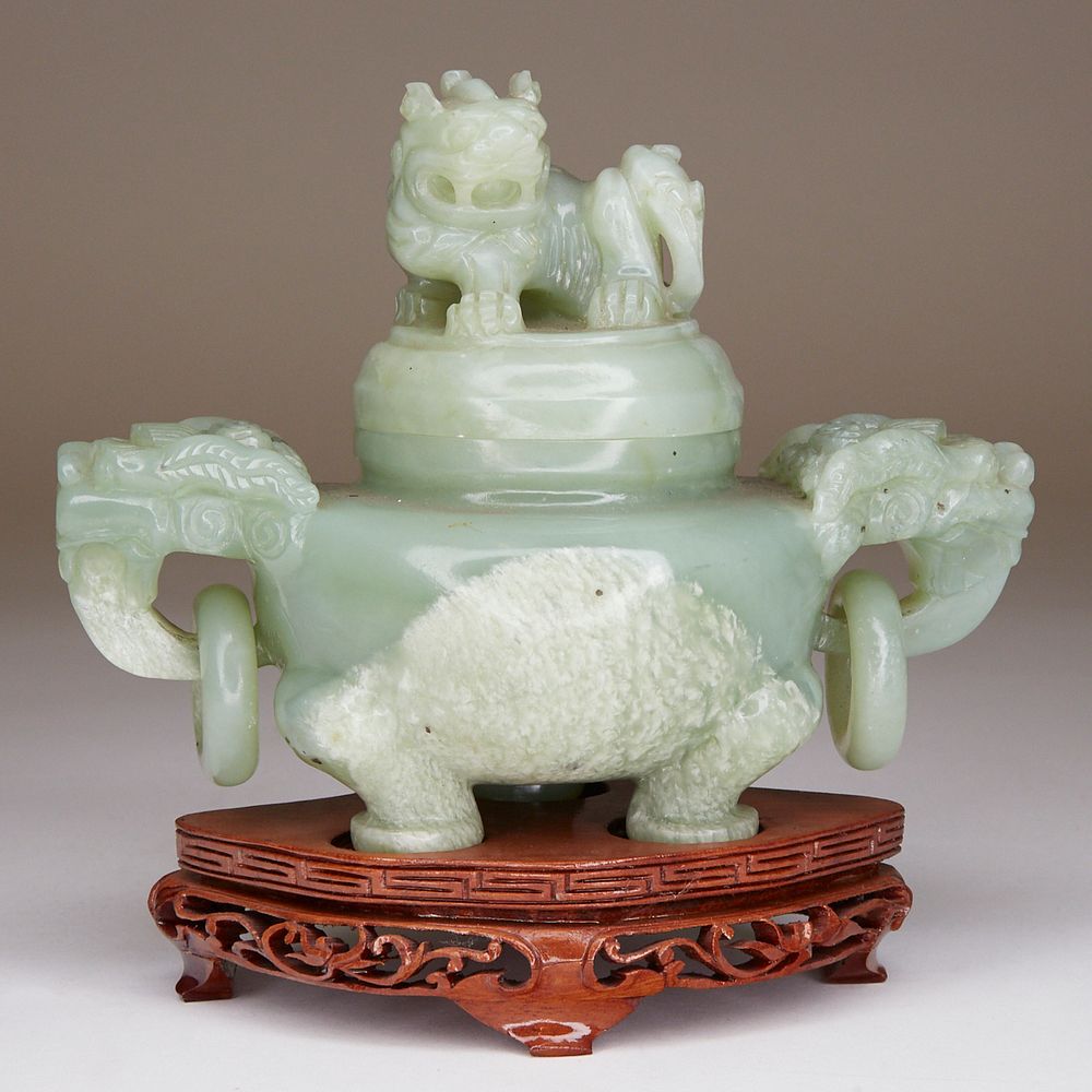 Appraisal: Chinese Hardstone Green Tripod Censer w Stand Chinese carved green