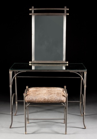 Appraisal: Contemporary brushed metal vanity set comprising mirrored top vanity with