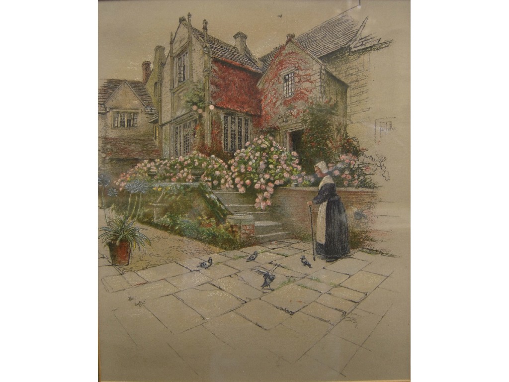 Appraisal: Cecil Aldin - Woman and birds outside a house print