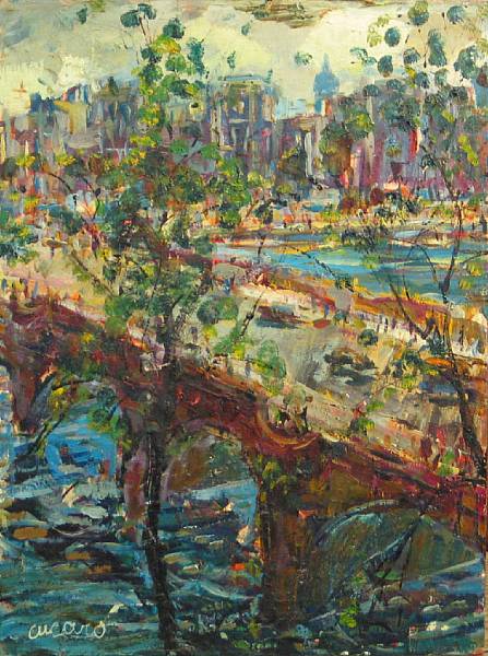 Appraisal: Pascal Cucaro American - A view of a bridge signed