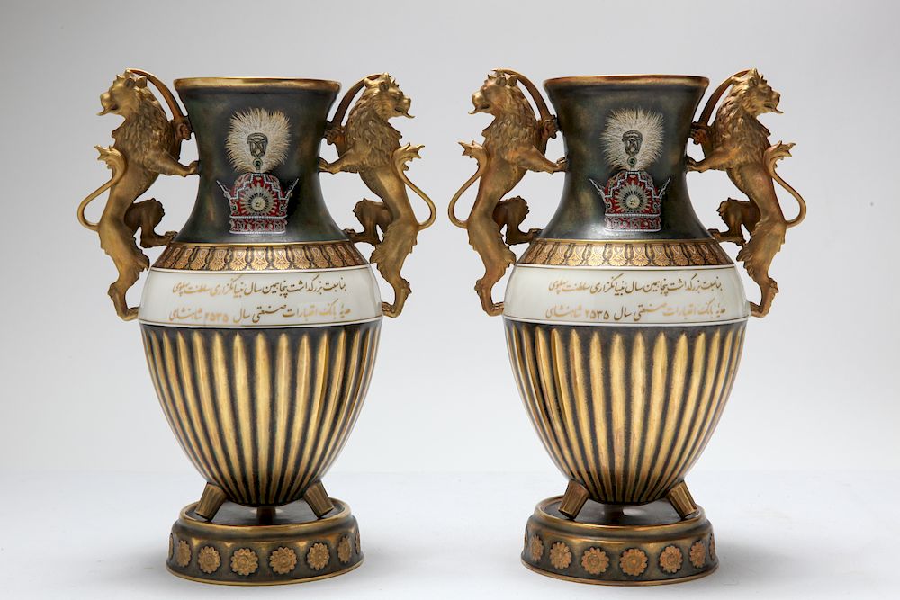 Appraisal: Hutschenreuther Pahlavi Vases Gilt Porcelain Pr Pair of Pahlavi vases