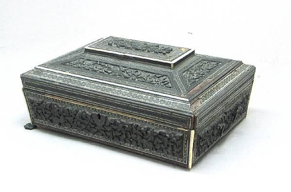 Appraisal: An Anglo-Indian carved ebony inlaid sandalwood sewing box second half